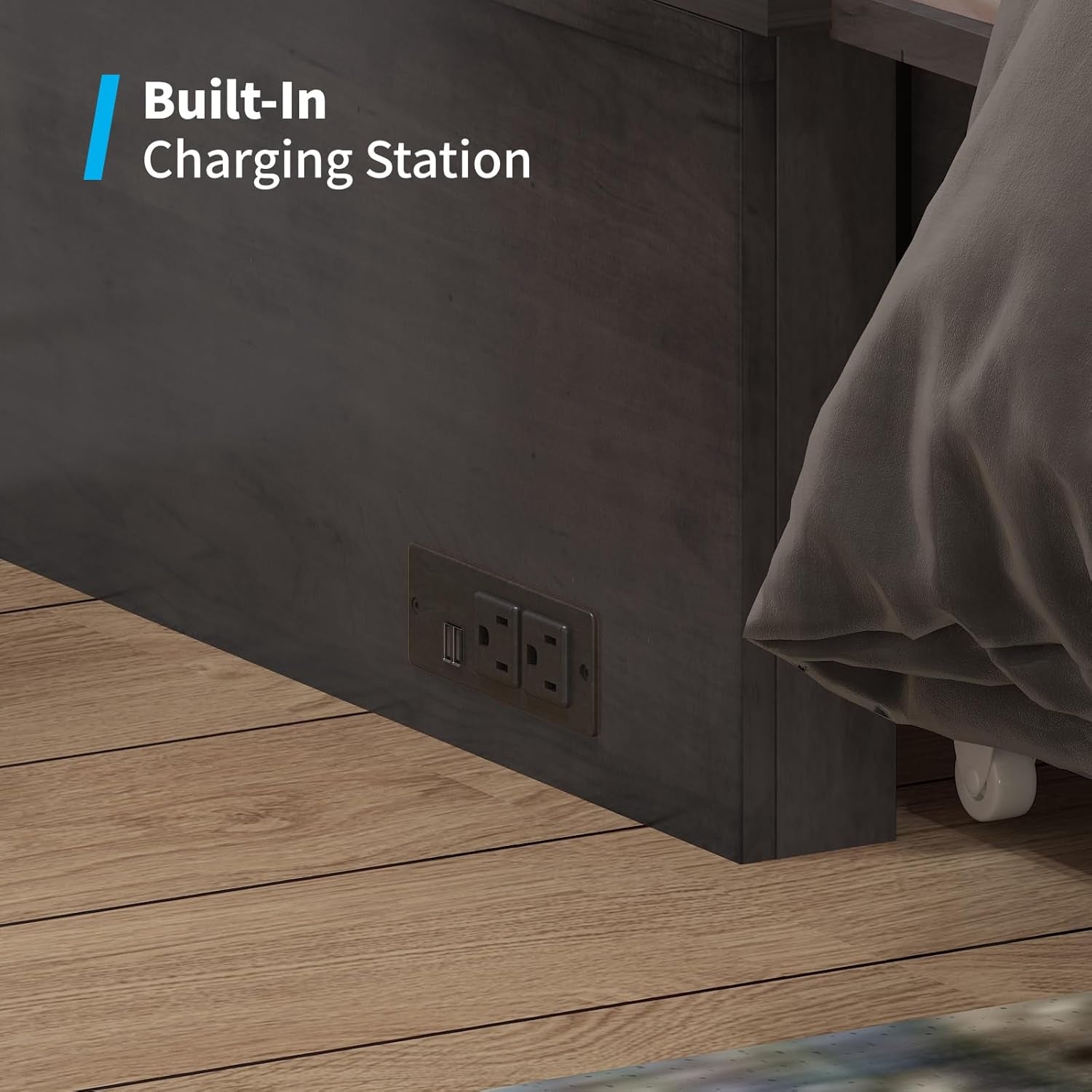 63" Width Queen Size Murphy Bed Cabinet with USB Charging Station, Modern Murphy Cabinet Beds with Drawers & Tri-Folding Mattress, Chest Cabinets Wall Beds for Home Apartment, Dark Grey