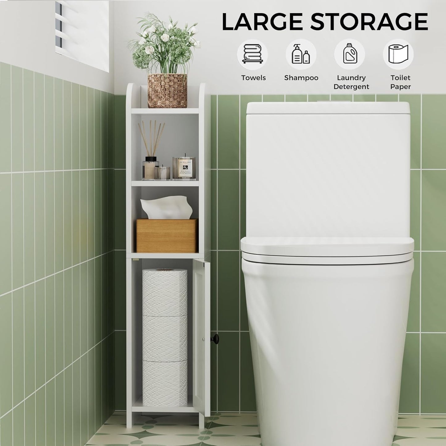 Small Bathroom Storage Corner Floor Cabinet with Door and Shelves, beside the Toilet Paper Stand for Skinny, Narrow Toilet Paper Cabinet, 7.9" D X 7.1" W X 31" H, White