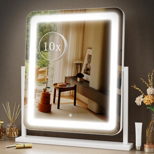 Makeup Vanity Mirror with Lights 15.2" Large LED Lighted Mirror, Hollywood Make up Mirror with Lighting for Bedroom Tabletop, Smart Touch,Detachable 10X Magnification 360° Rotation, (White)