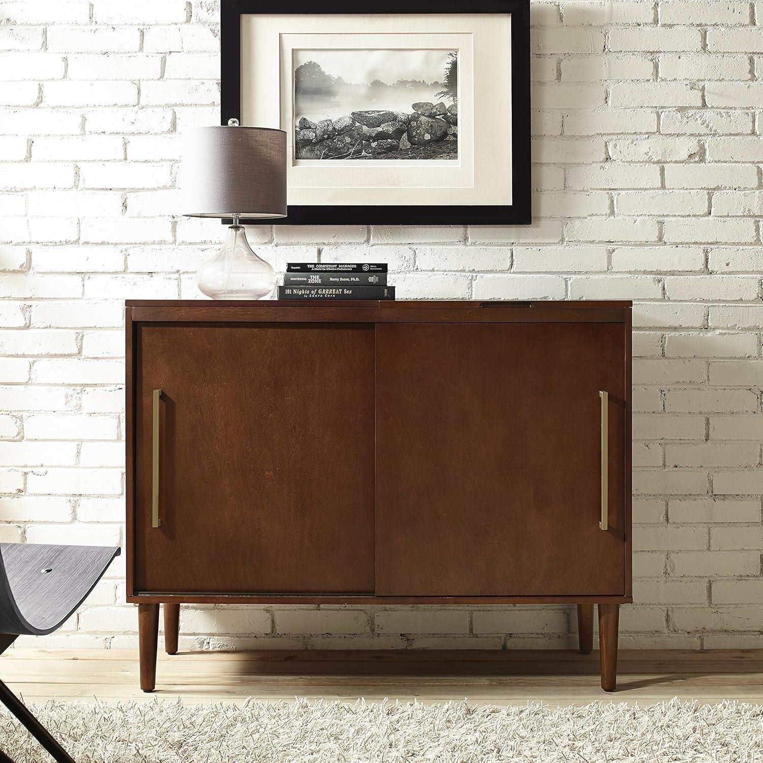 Everett Media Console and Record Player Stand with Storage for Vinyl Records, Mahogany