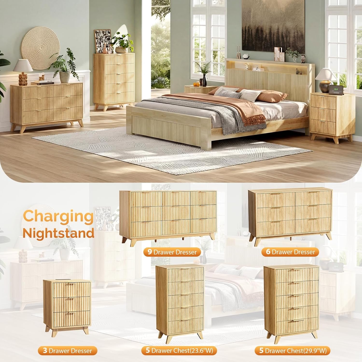 Fluted Dresser for Bedroom, 6 Drawer Dresser with Rounded Edges, Mid Century Modern Dressers Natural Wood Color, 46.8" W*15.6" D*31" H