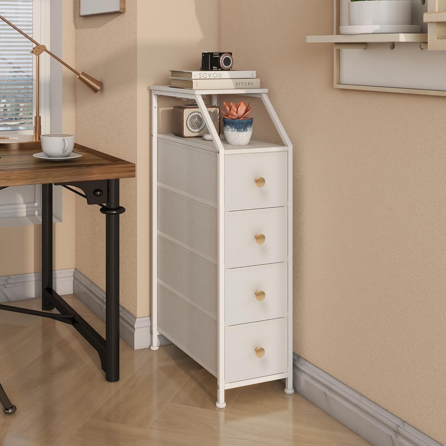 Narrow Dresser Tall Skinny Storage Tower Vertical Slim Chest of Drawers with Charging Station Small Nightstand Side Table for Bedroom, Bathroom, Small Spaces (White, 4 Drawers)