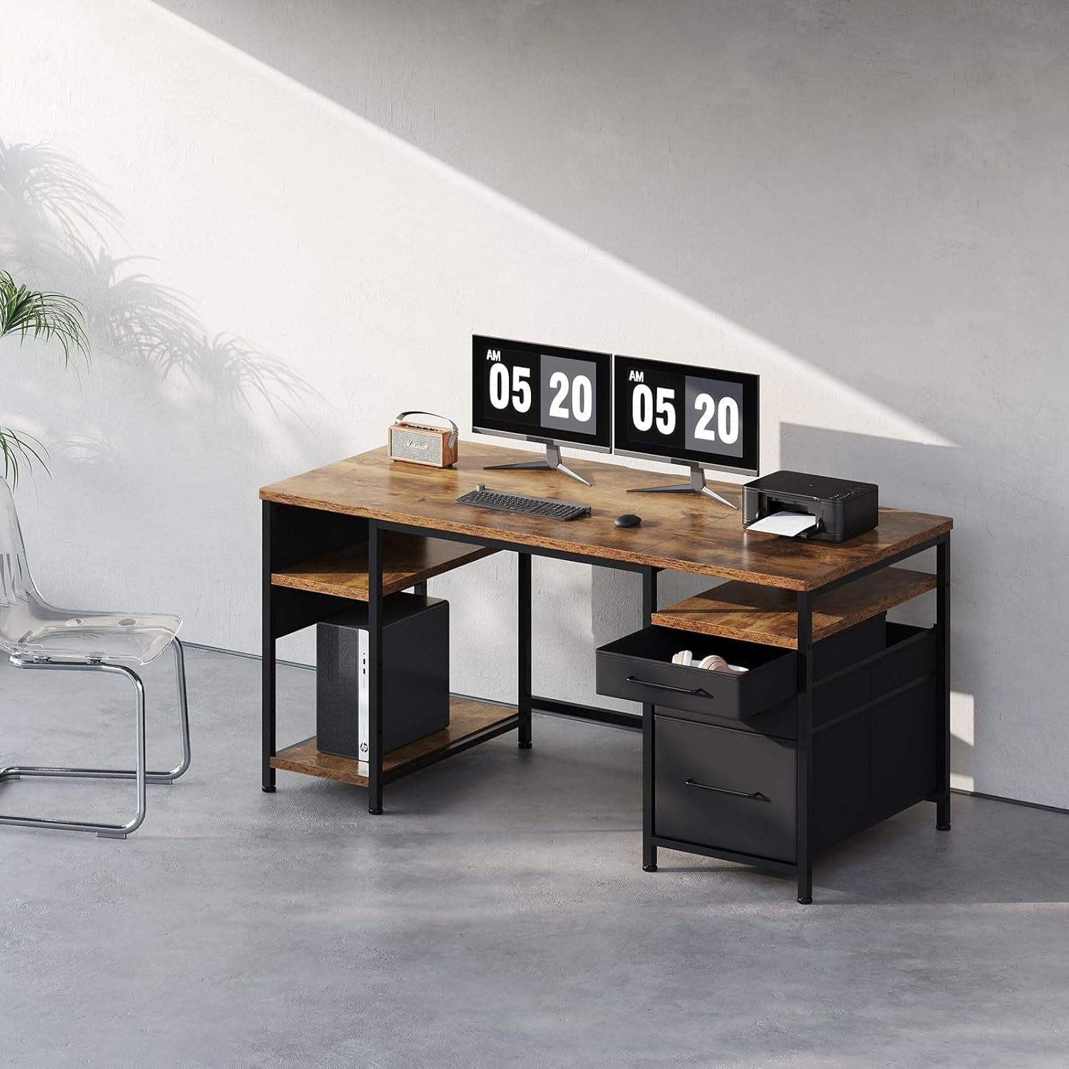 Home Office Desk with Drawers Adjustable Shelves, 59 Inch Writing Desk with File Cabinet, Large Computer Desk with Storage, Rustic Brown