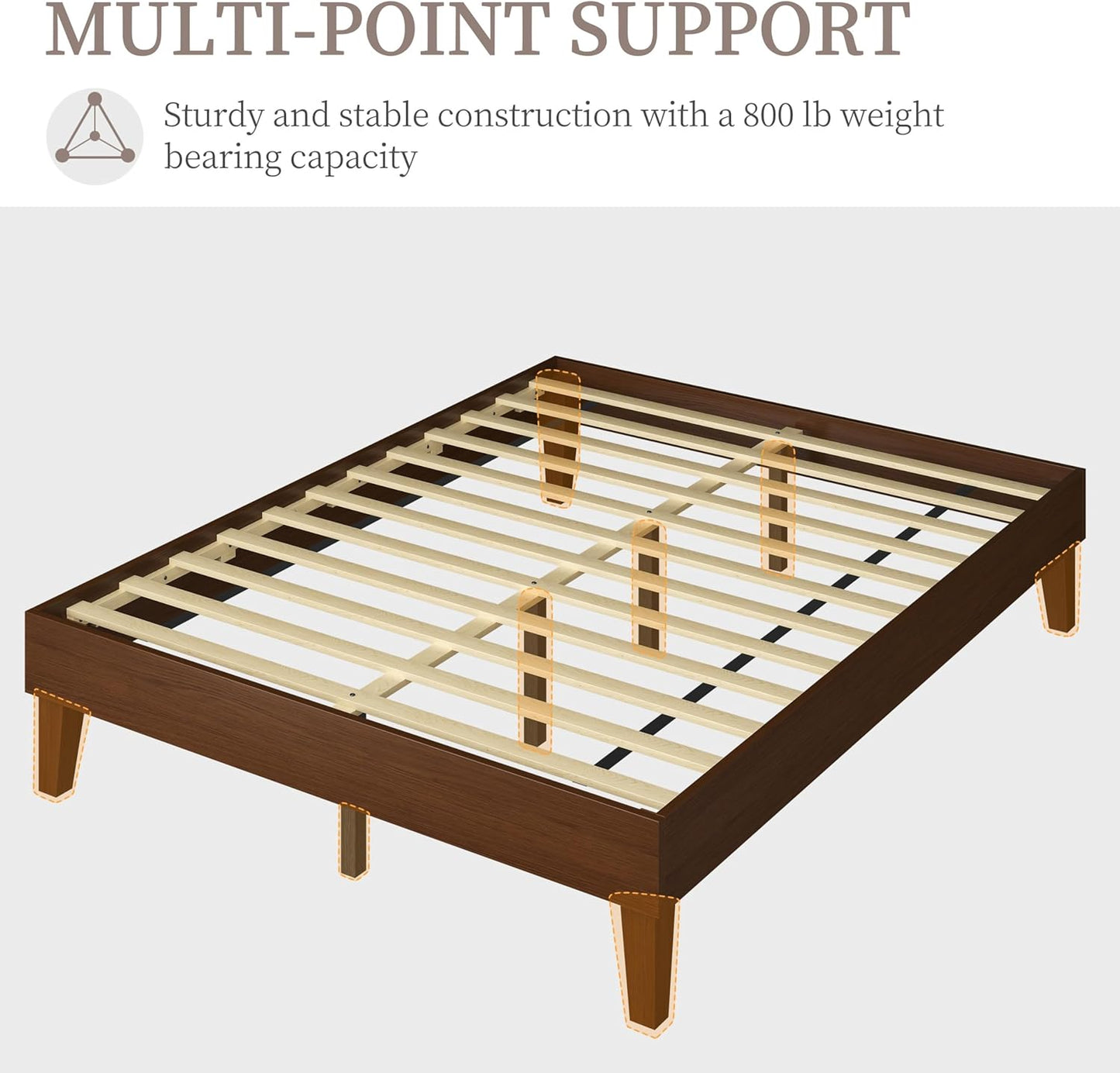 Queen Bed Frame Natural Solid Wood Platform Bed with Wooden Slats Support, 12-Inch Underbed Space for Storage, Noise-Free Design, Easy Assembly, Dark Walnut Finish