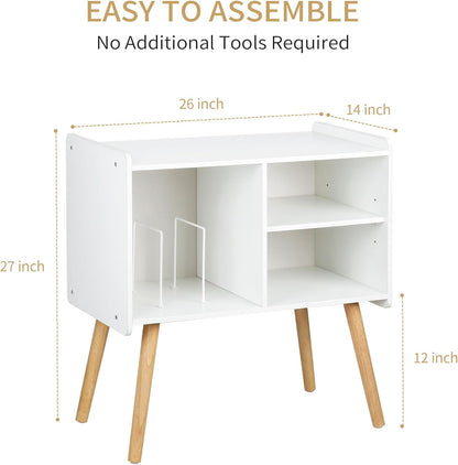 Mid-Century Record Player Stand, Vinyl Record Cabinet Holder with Storage up to 100 Albums, Record Player Table for Living Room Bedroom Office, Turntable Stand with Wood Legs, White