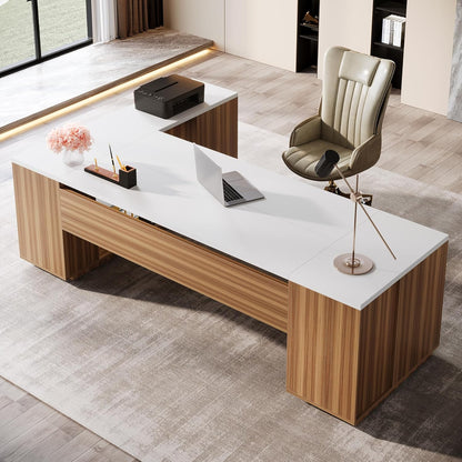 85.8-Inch L-Shaped Executive Office Desk with File Drawers & Storage Cabinet, Professional Corner Computer Desk Extra Large Business Workstation with Adjustable Shelves (White&Walnut)