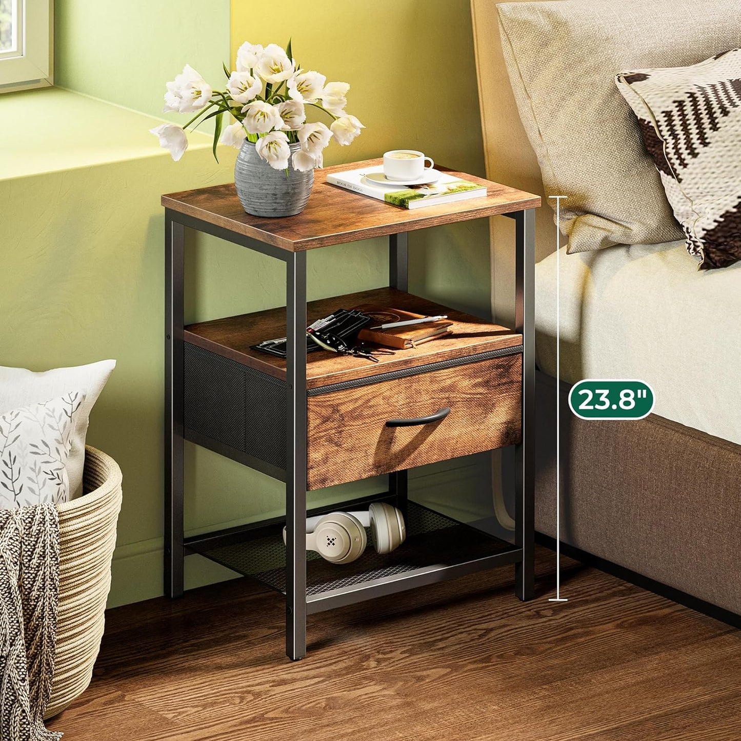 Nightstand Set of 2, Night Stand with Fabric Drawer, Mesh Shelf, Side Table with Storage, Fabric Drawer Dresser, Open Shelf, Metal Frame, Bedroom, Rustic Brown