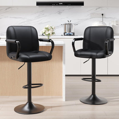 Set of 2 Modern Bar Stools with Backs - Adjustable High Chairs for Kitchen Island, Barstools for Home Bar, Island Stools, Sillas Altas Para Barra De Cocina, Black PU Leather