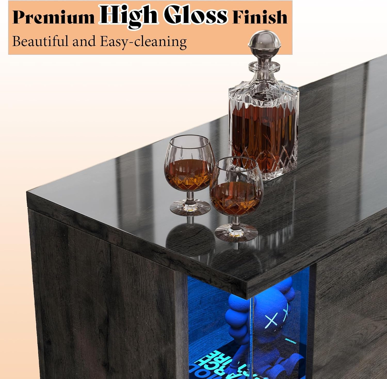 70" Glossy Oak Fireplace TV Stand with 36" Fireplace for Tvs up to 80", LED Lights Entertainment Center with Flip Doors & Corner Glass, Modern TV Console Table, Living Room, Black