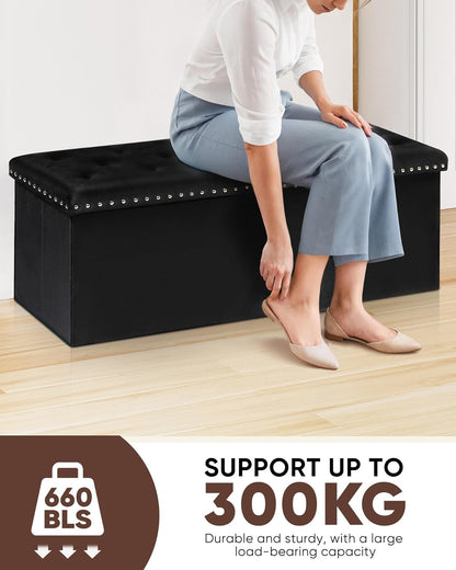 Storage Ottoman Bench, Folding Tufted Ottomans with Storage, Extra Large 140L Footrest Bench for Bedroom, Luxury Velvet Fabric 43 Inches Black