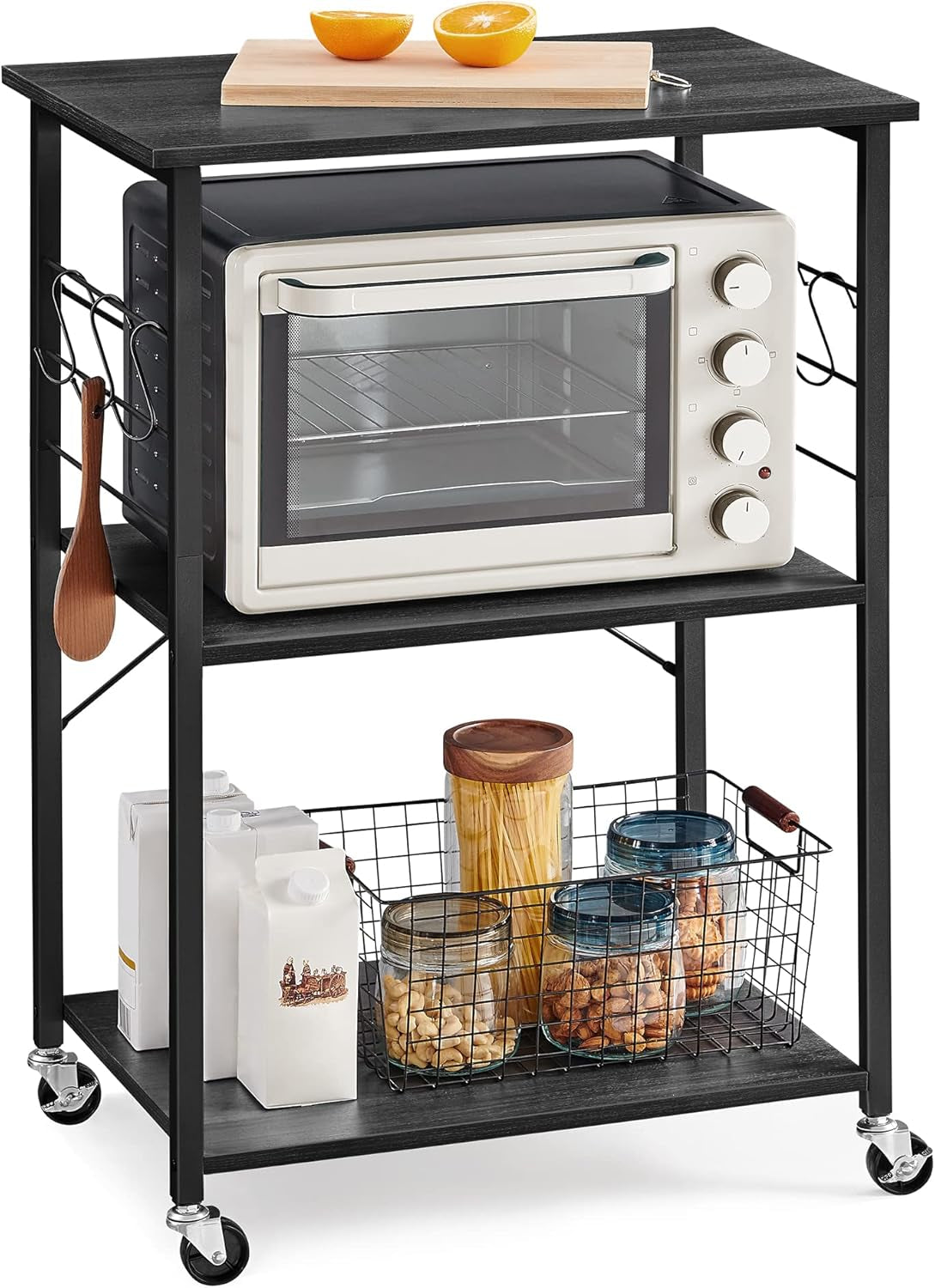 Kitchen Shelf on Wheels, Serving Cart with 3 Shelves, Kitchen Cart, Microwave Shelf, for Mini Oven, Toaster, with 6 Hooks, Industrial Stylee, Ebonized Oak Finish and Black UKKS060B42