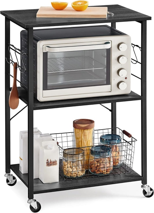 Kitchen Shelf on Wheels, Serving Cart with 3 Shelves, Kitchen Cart, Microwave Shelf, for Mini Oven, Toaster, with 6 Hooks, Industrial Stylee, Ebonized Oak Finish and Black UKKS060B42
