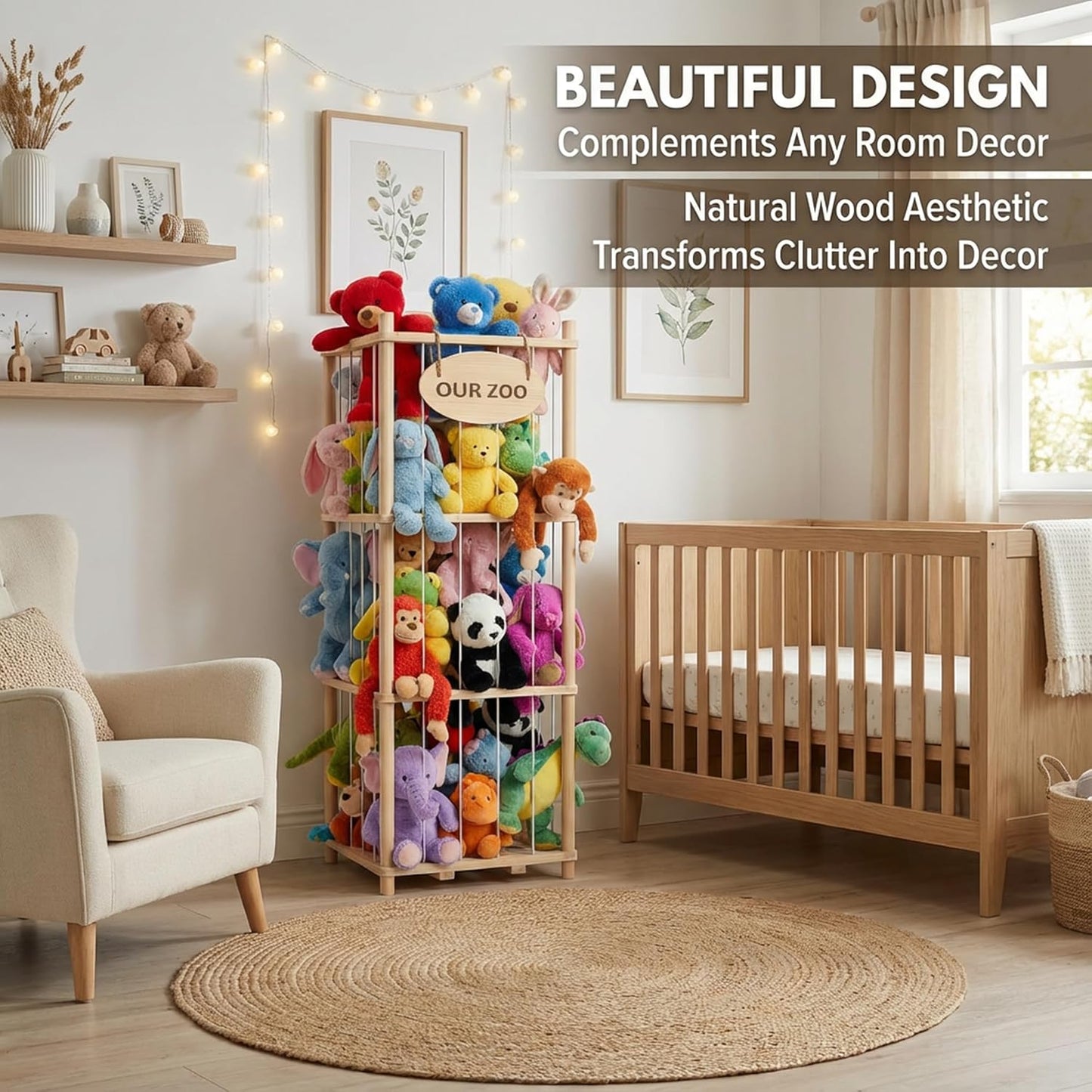Stuffed Animal Storage Organizer - Thick Wooden Toy Zoo for Playroom & Bedroom, Large Plushies Holder with Cute Jail Cage Design, Plush Toy Display Tower Shelf (Large)