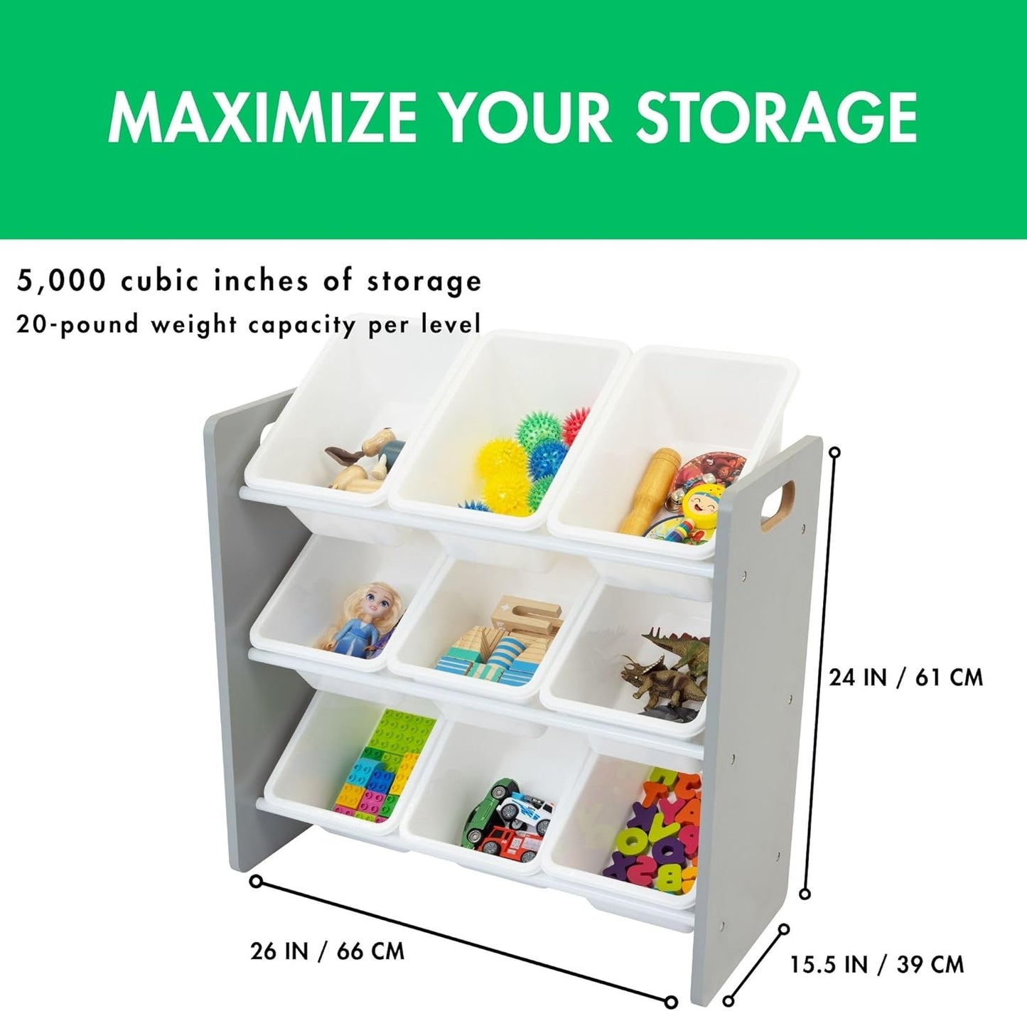 9-Bin Toy Organizer – Inspire Grey with White Plastic Bins, 3-Tier Storage Solution for Kids' Playrooms and Nurseries