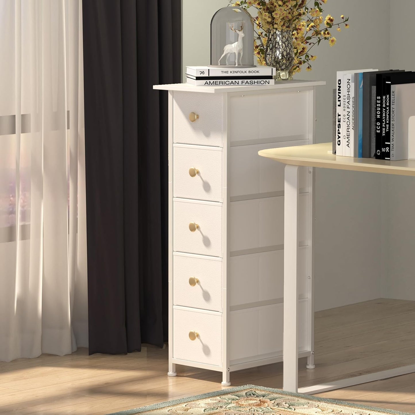 Narrow Dresser Cabinet Vertical Slim Dresser Chest of Drawers Skinny Storage Tower for Small Spaces Gaps Closet Bedroom Bathroom Small Fabric Drawer Unit (White, 5 Drawers)