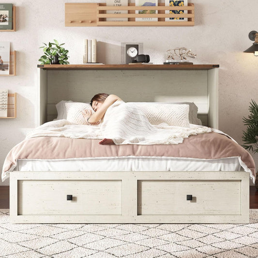 Queen Murphy Bed with Storage & Charging Station, Farmhouse Murphy Cabinet with Foldable Panel, Noisy Free, for Guest Bedroom, Living Room, Office, Distressed White
