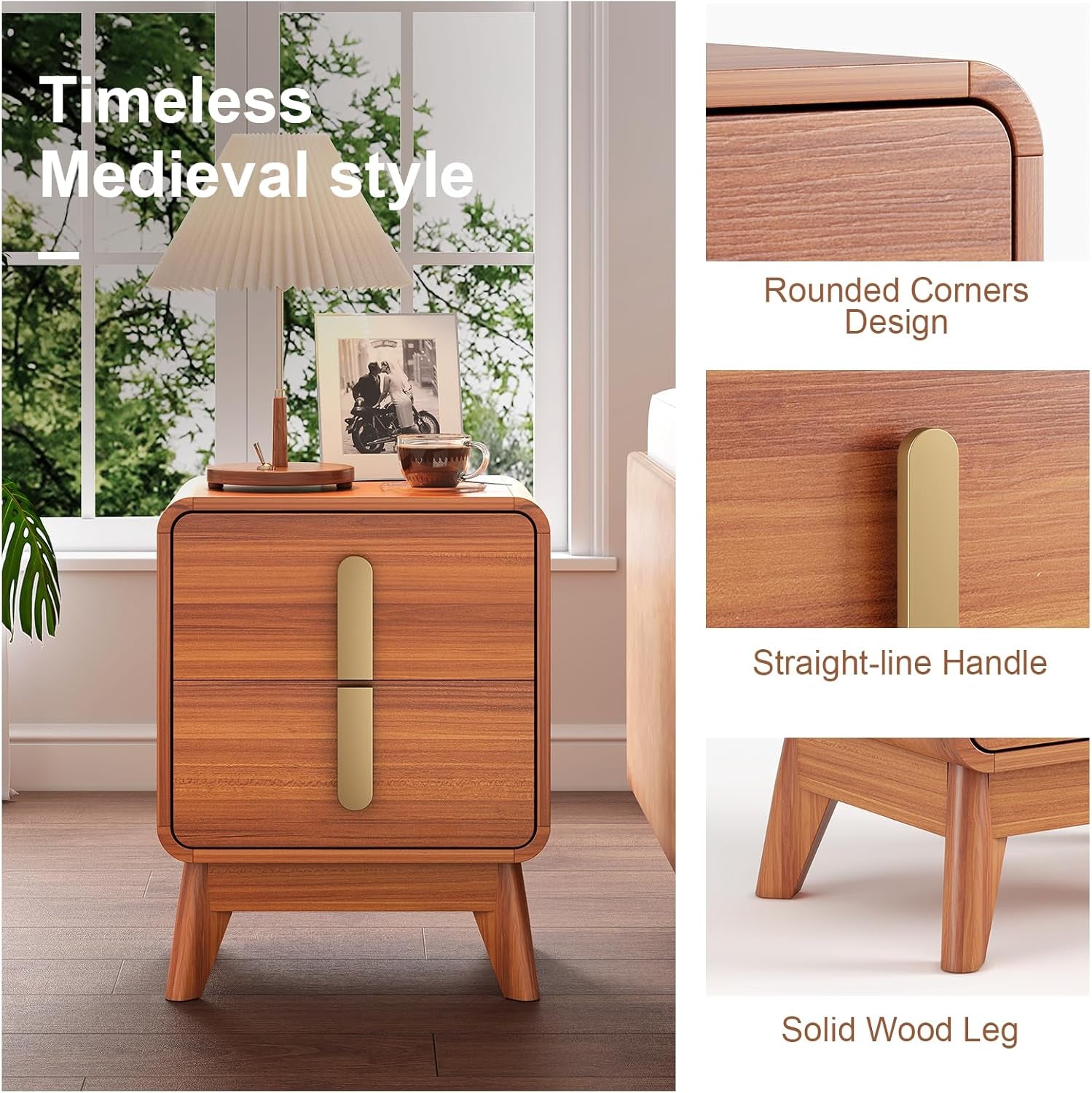 Nightstands Set of 2,Mid Century Modern Side Table with 2 Drawers & Solid Wood Legs,Curved Corner Bedside Table for Small Space,Bedroom,Cherry