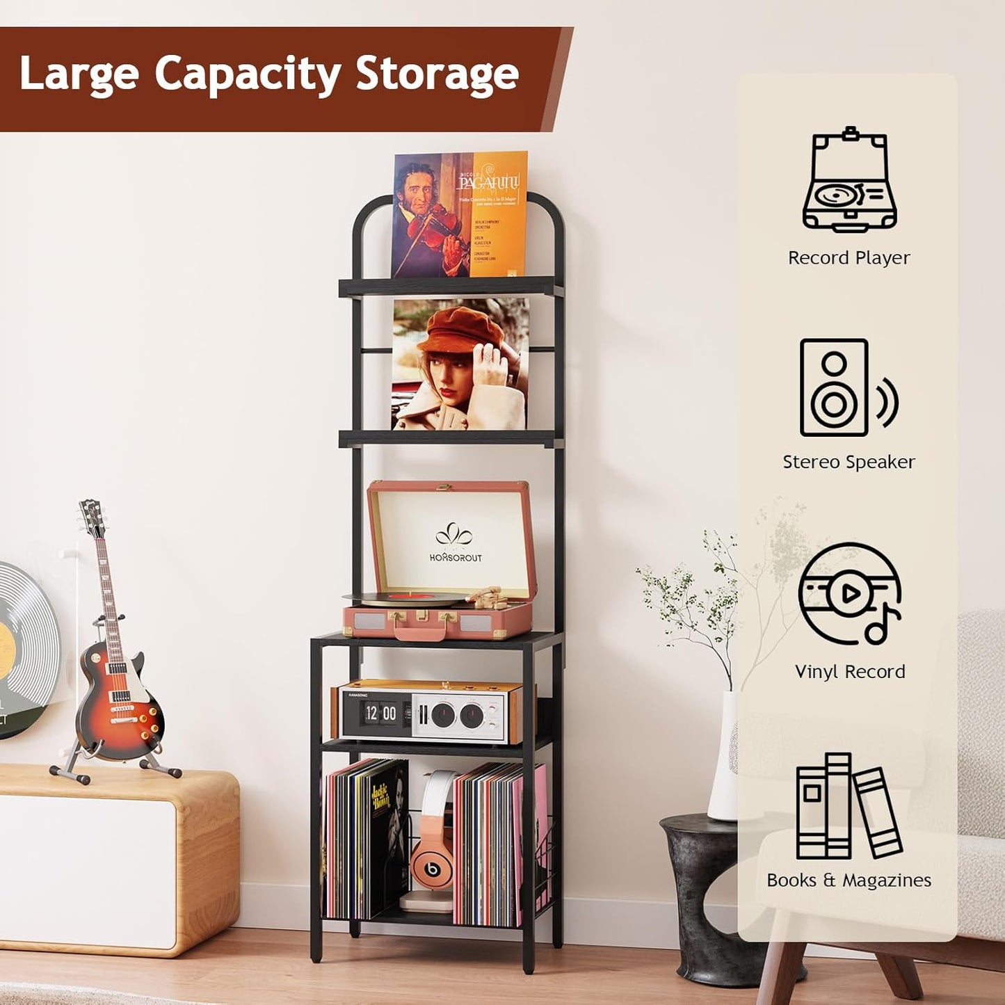 Record Player Stand with Vinyl Storage - 5-Tier Turntable Table with Adjustable Feet, Metal & Wood Cabinet - Console Organizer Display Shelf for Living Room, Apartment