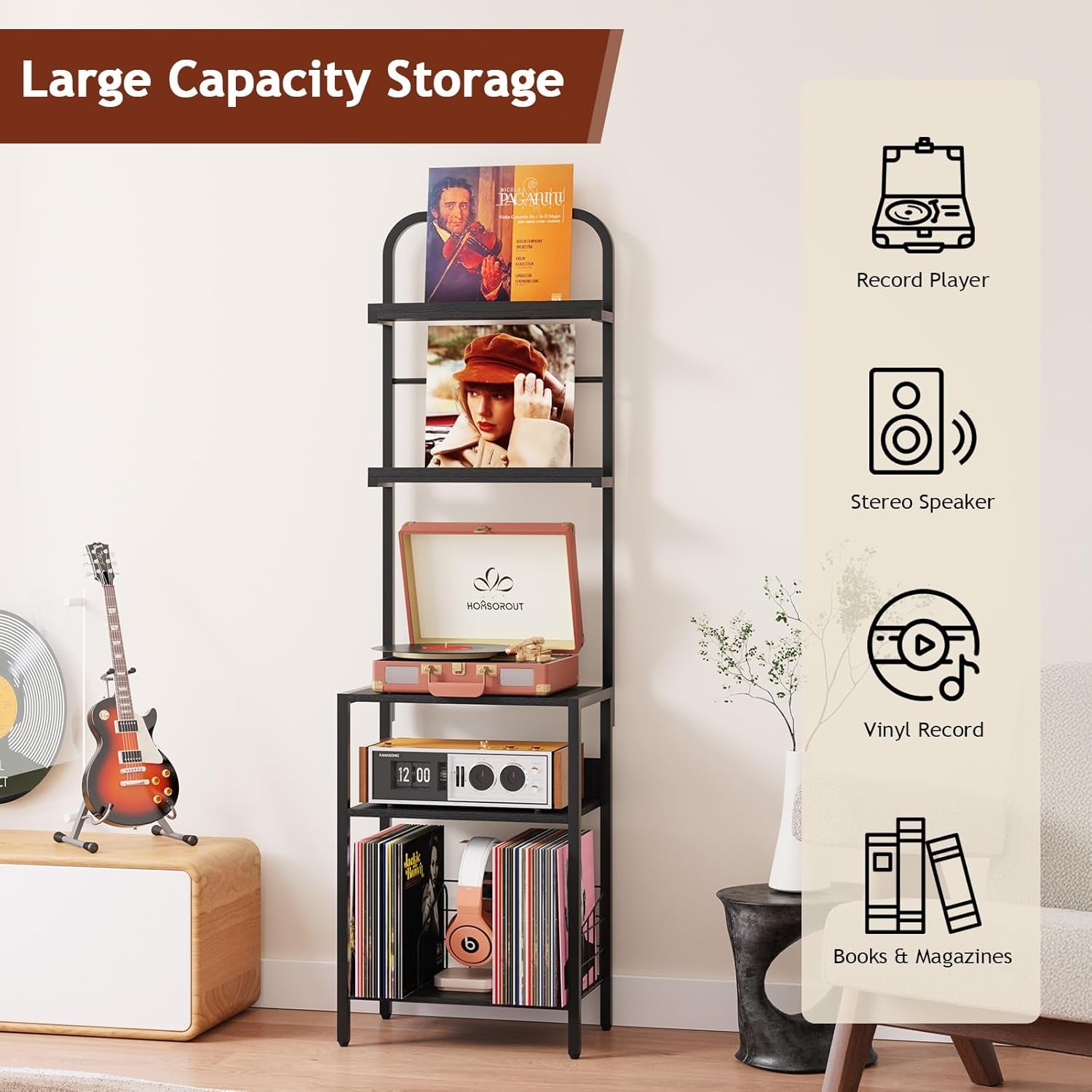 Record Player Stand with Vinyl Storage - 5-Tier Turntable Table with Adjustable Feet, Metal & Wood Cabinet - Console Organizer Display Shelf for Living Room, Apartment
