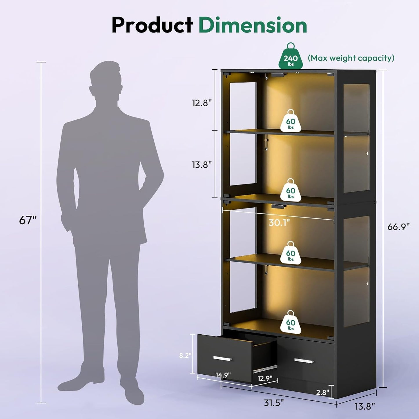 Display Cabinet with Lights - 67" Curio Cabinet for Collectibles with Glass Door and 2 Drawers, 4 Tier Glass Display Case for Living Room, Black