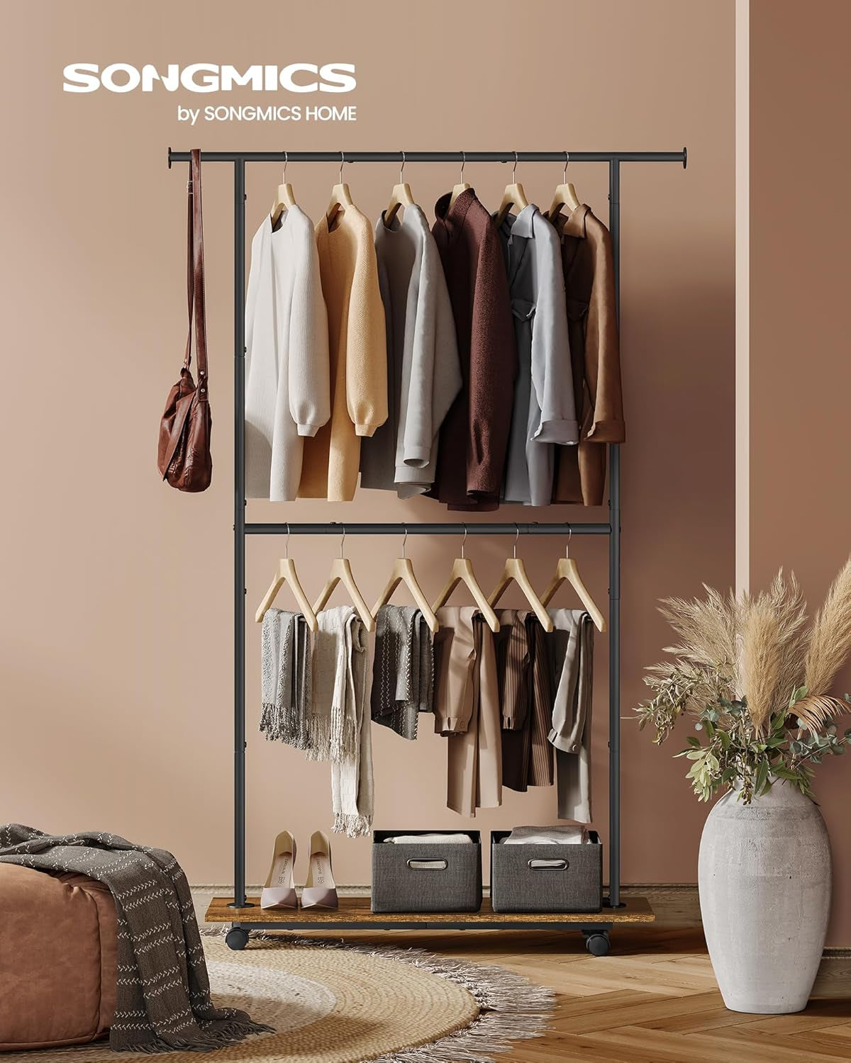 Clothes Rack with Wheels, Middle Rod Clothing Rack for Hanging Clothes, 38.8 Inches Garment Rack with Shelf, Height Adjustable, Loads up to 121 Lb, Rustic Brown and Ink Black UHSR153B01