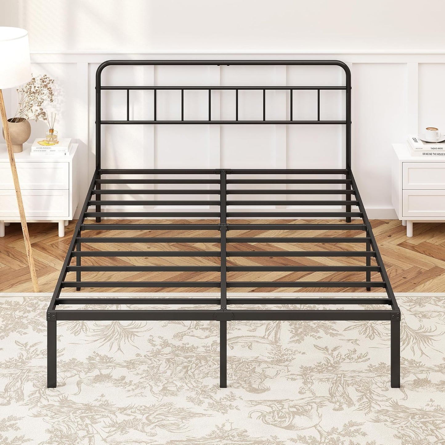 12 Inches Queen Size Bed Frame with Minimalist Headboard,Metal Platform Base with Strong Metal Slats,Mattress Foundation for under Bed Storage,Easy Assembly,Black