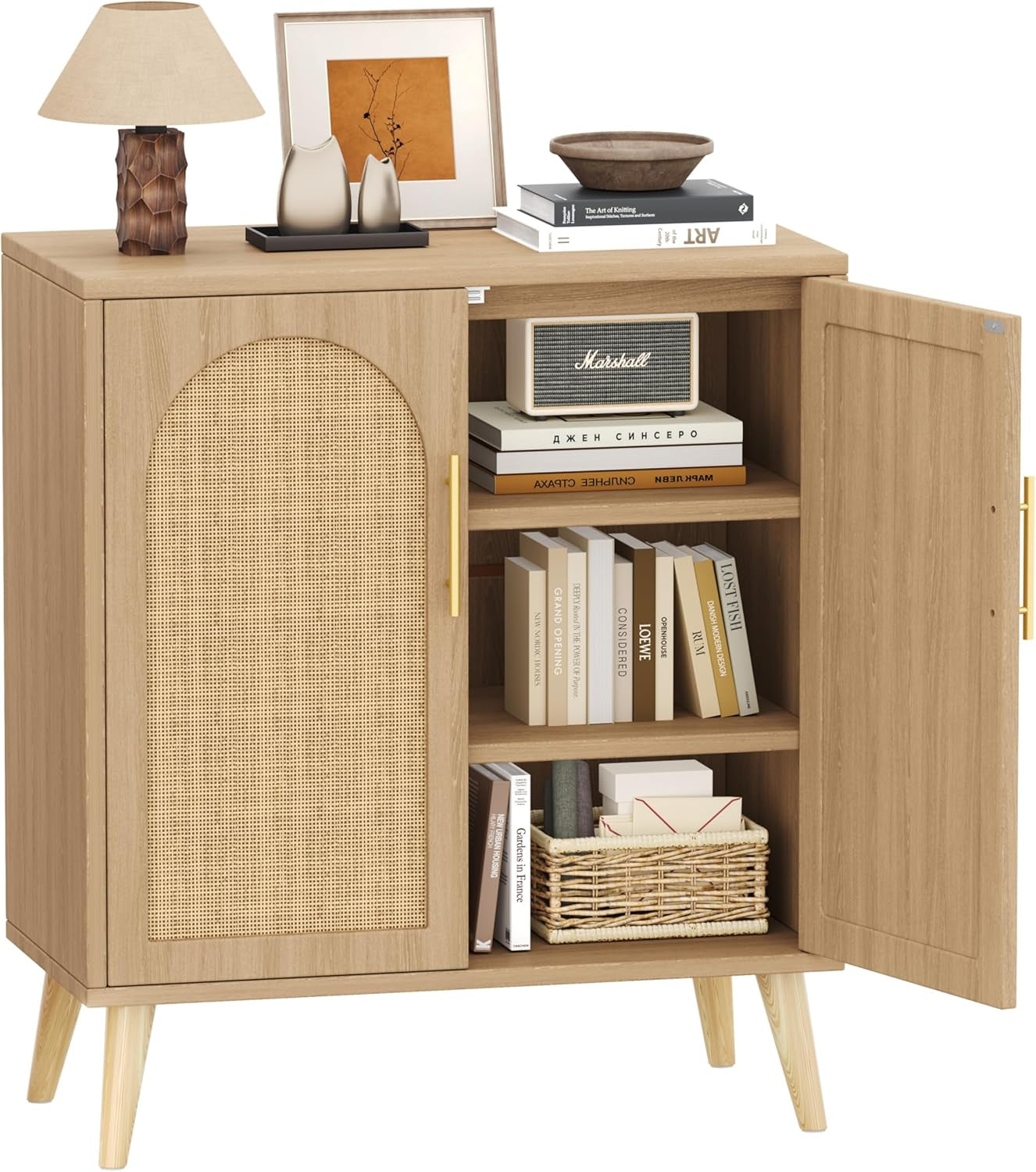 Rattan Buffet Cabinet with Storage, Boho Buffet Table with Adjustable Shelf and Solid Wood Legs, Accent Sideboard with Doors, Floor Cabinet for Kitchen, Dining Room and Living Room, Natural