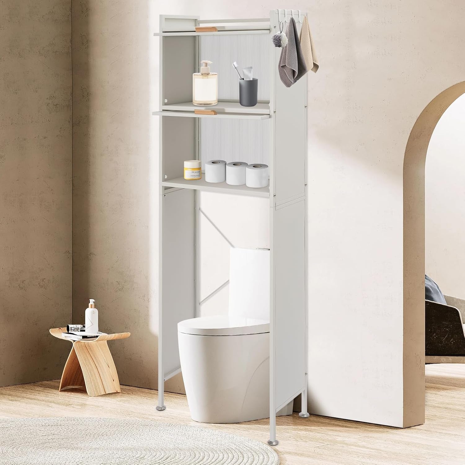 Over the Toilet Storage Cabinet with Flip Door, Metal Bathroom Shelf Organizer, Space Saver Freestanding Rack above Toilet Storage Cabinet with X-Shaped Crossbar (White)