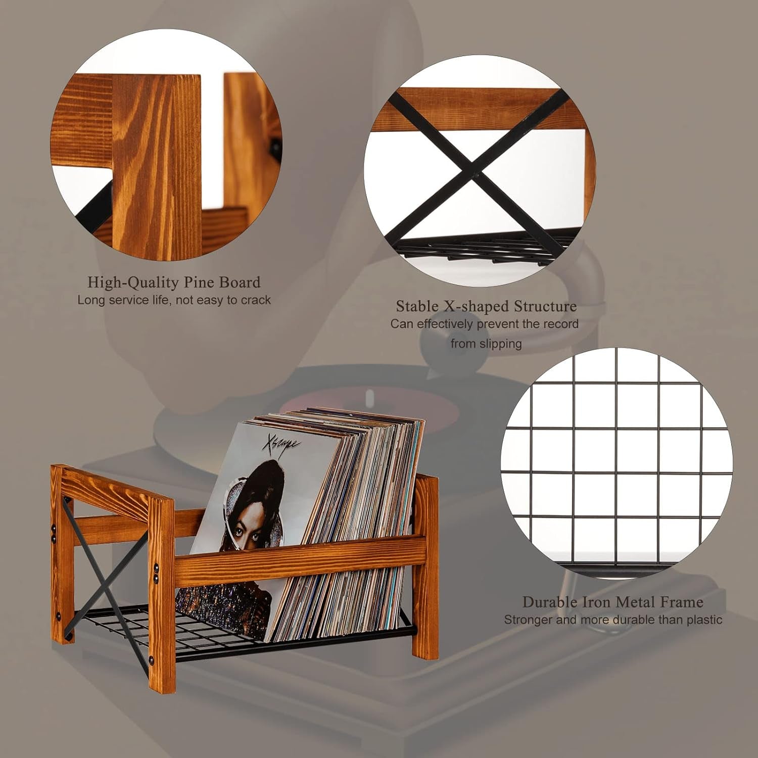 Vinyl Record Holder – 1 Pack Only – Fits 7"–12" Albums, Holds 50–100 Records, Dvds, or Cds – Modern Wooden Storage Stand, File Organizer Rack, Brown