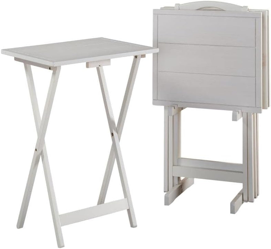 Linon Lisbon Five Piece Farmhouse Plank-Style Top Tray Table Set in White Wood