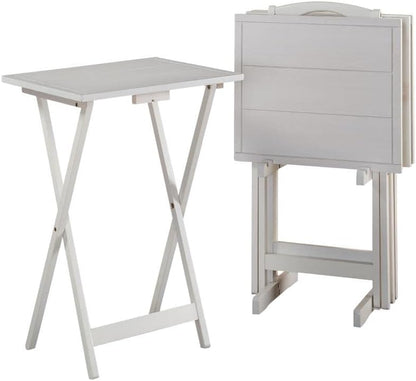 Linon Lisbon Five Piece Farmhouse Plank-Style Top Tray Table Set in White Wood