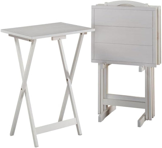 Linon Lisbon Five Piece Farmhouse Plank-Style Top Tray Table Set in White Wood