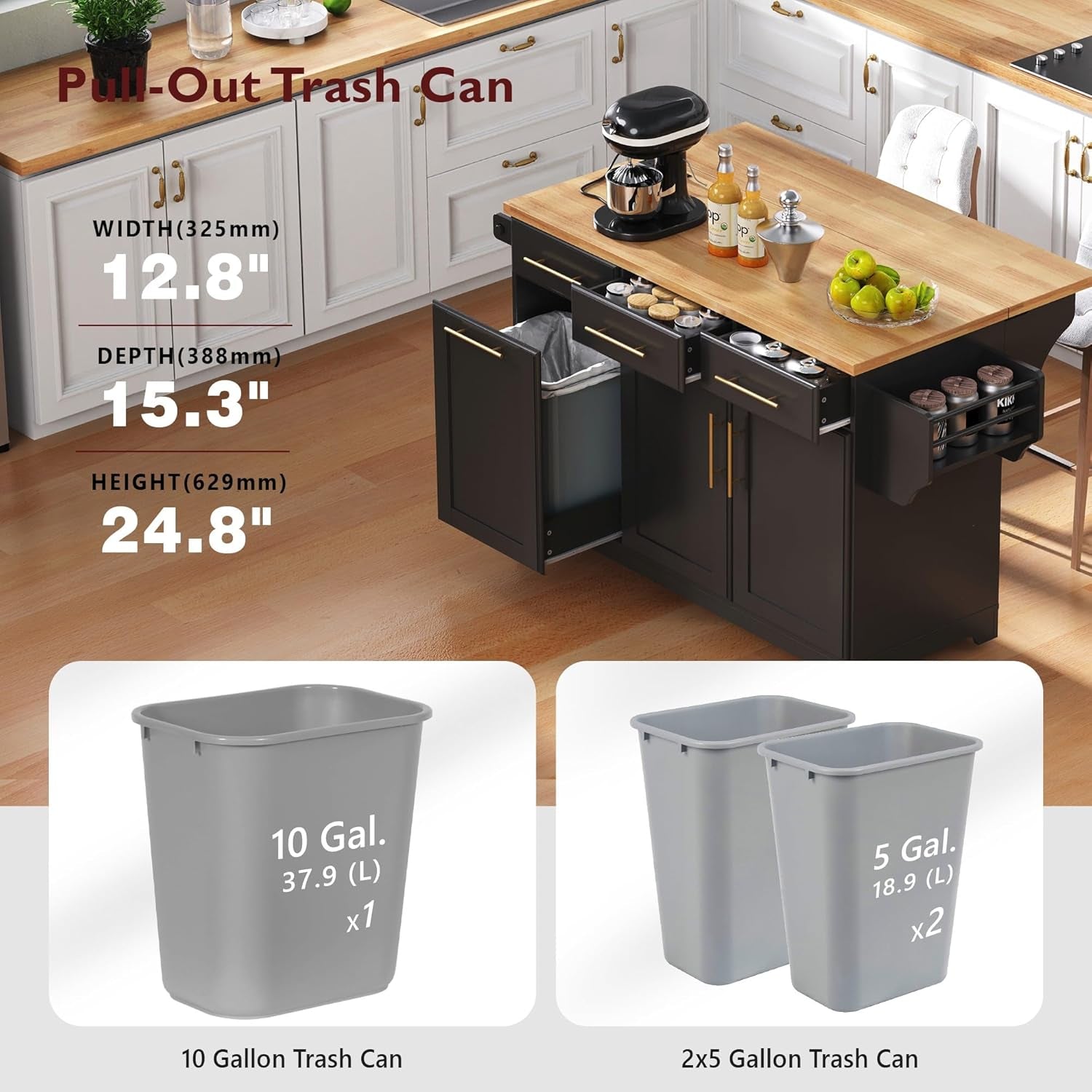 Rolling Kitchen Island with Drop Leaf & 2 Pull Out Cabinet Organizers,59.3" Stationary Kitchen Cart with Trash Can Storage,Power Outlet,Spice & Towel Rack,3 Drawers Island Table for Kitchen,Black