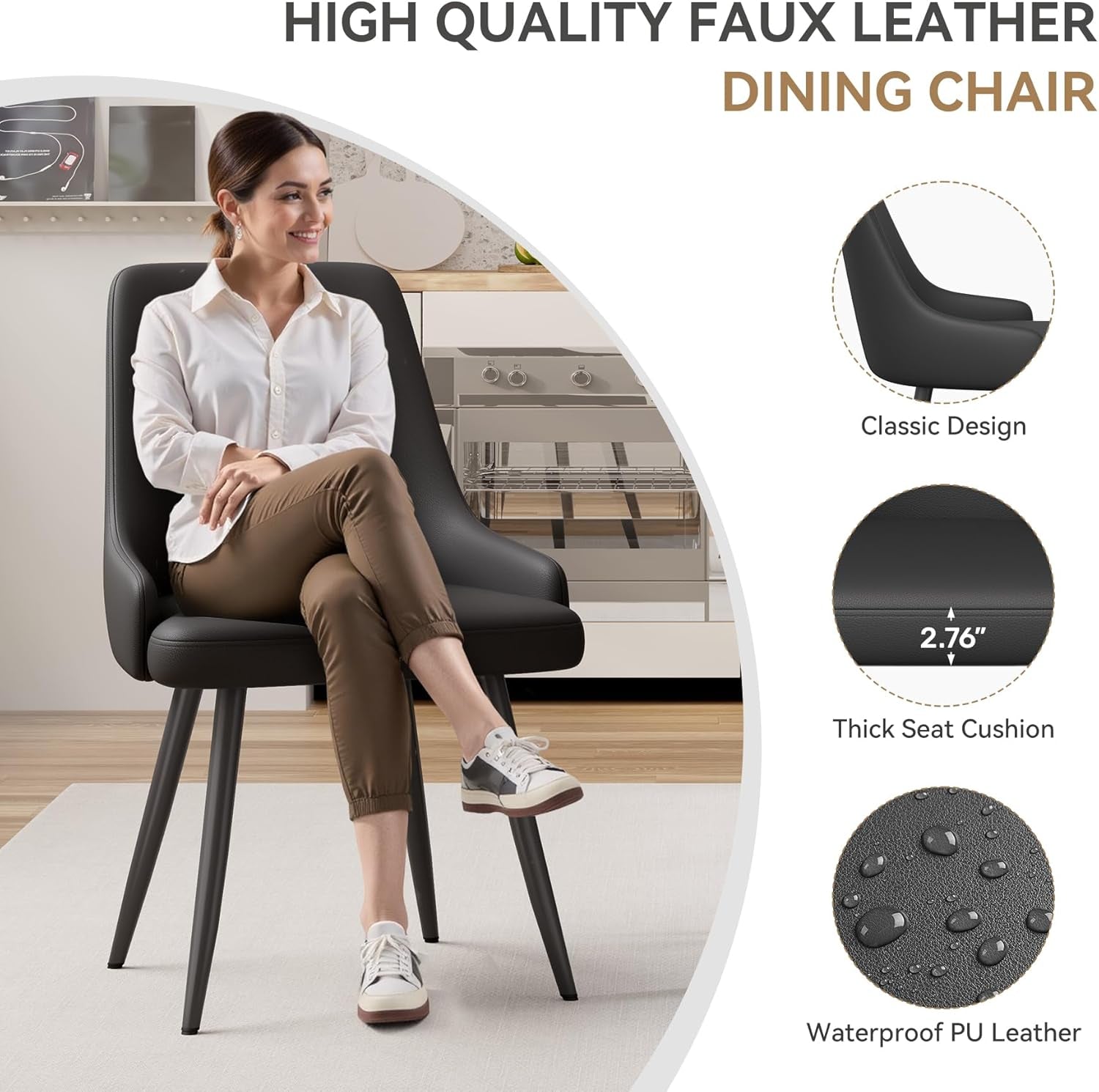 Modern Dining Chairs Set of 6, Spacious Comfortable Dining Room Chairs, Faux Leather Upholstered Dining Chairs with Thick Cushion for Dining Room, Black