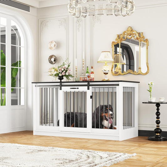 Extra Large Dog Crate Furniture, 55" Indoor Heavy Duty Dog Kennel House with Sliding Doors, Furniture Style Dog Crate Table Side End Table TV Stand for XL Large Medium Breed Dogs,White