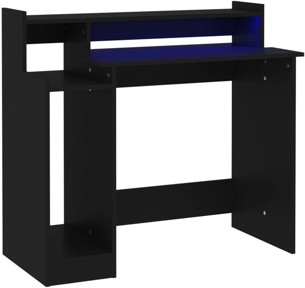 Modern Black Computer Desk, 38.2" L X 17.7" W X 35.4" H, Engineered Wood Gaming Table with Integrated LED Lights, Floating Storage Shelf, Ideal for Home Office Study, USB Plug Included