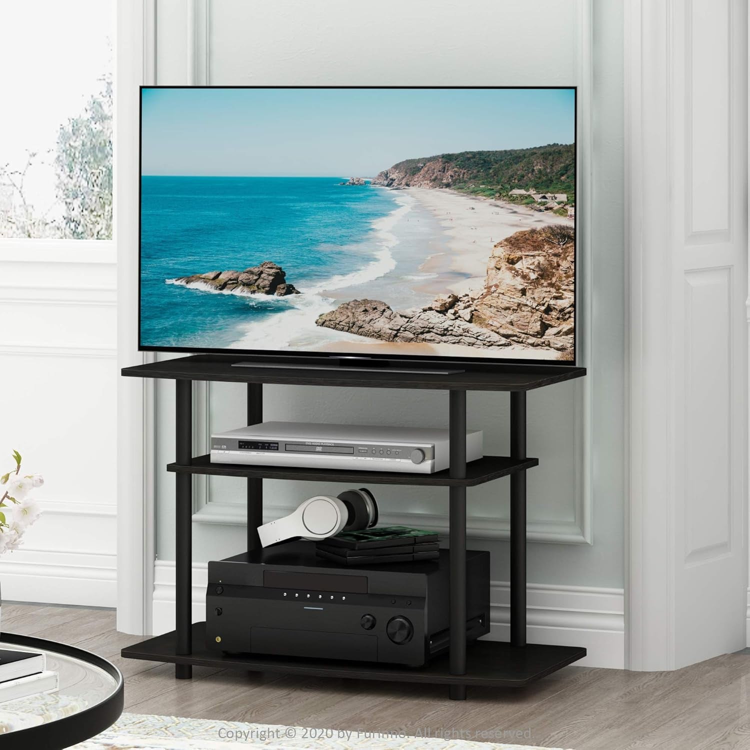 Turn-N-Tube No Tools 3-Tier Entertainment Center TV Stand for TV up to 32 Inch, Plastic round Tubes, Espresso/Black