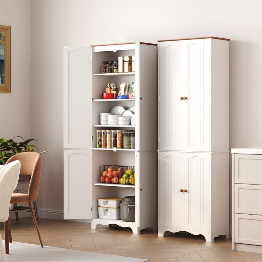72" Kitchen Pantry Cabinet, Freestanding Storage Cabinets, Tall Food Pantry with Doors and Adjustable Shelves, Utility Floor Cabinet for Kitchen Dining Room Living Room, White