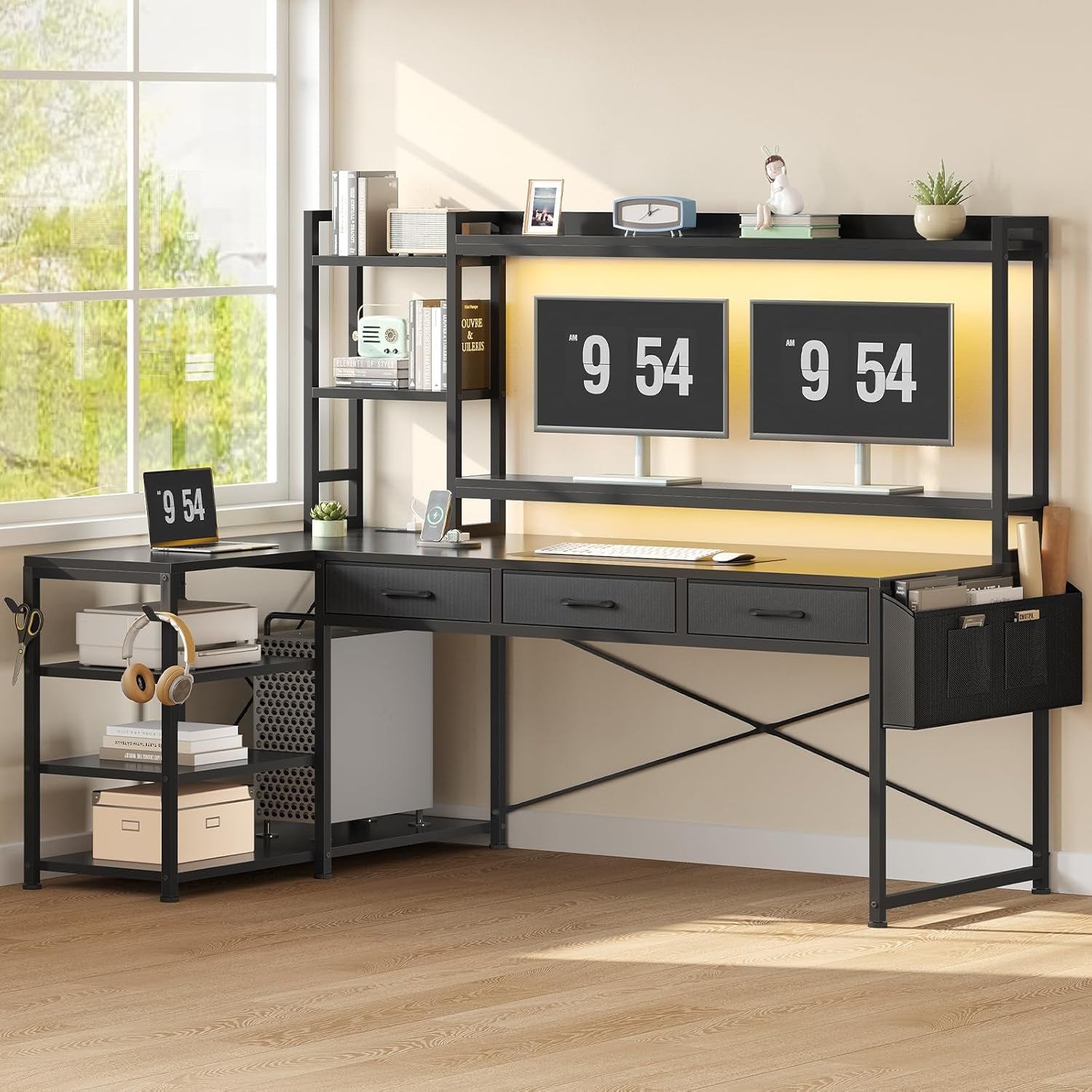 55" L Shaped Gaming Desk, Gaming Desk with Hutch & Drawers, Corner Computer Desk with Shelves and Storage, Reversible L Shaped Desk with LED Lights, Power Outlets, Monitor Stand, Black