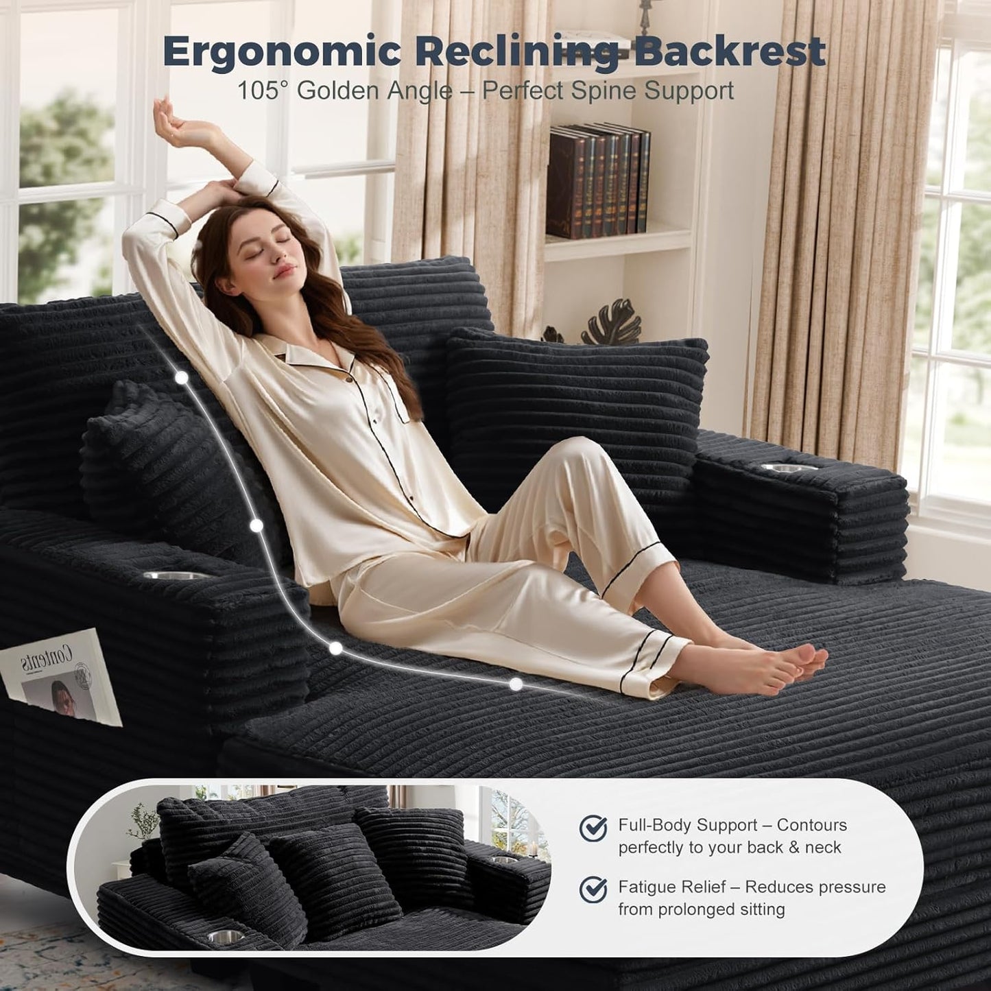 60'' Oversized Chaise Lounge Chair, Upholstered Sofa Bed, Sleeper Couch Reading Chairs with USB Port and Cup Holders,Comfy Cloud Sofas Couches for Living Room,Black