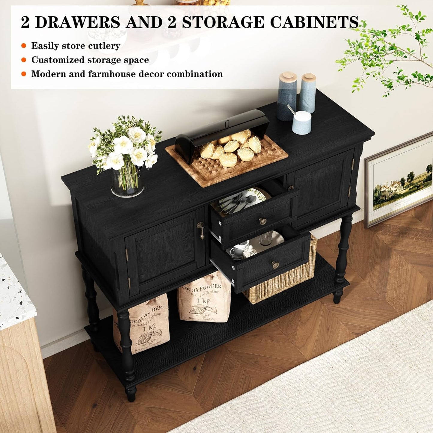Console Table with 2 Drawers, Retro Entryway Table with 2 Door Cabinets and Open Storage Shelf, Narrow Long behind Couch Sofa Table for Living Room, Foyer, Hallway, Black