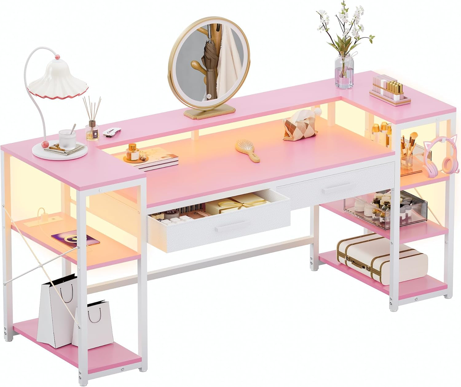 58 Inch Computer Desk with Monitor Stand and Shelves Gaming Desk with LED Lights & Power Outlets PC Vanity Table with 2 Drawers for Home Office Pink