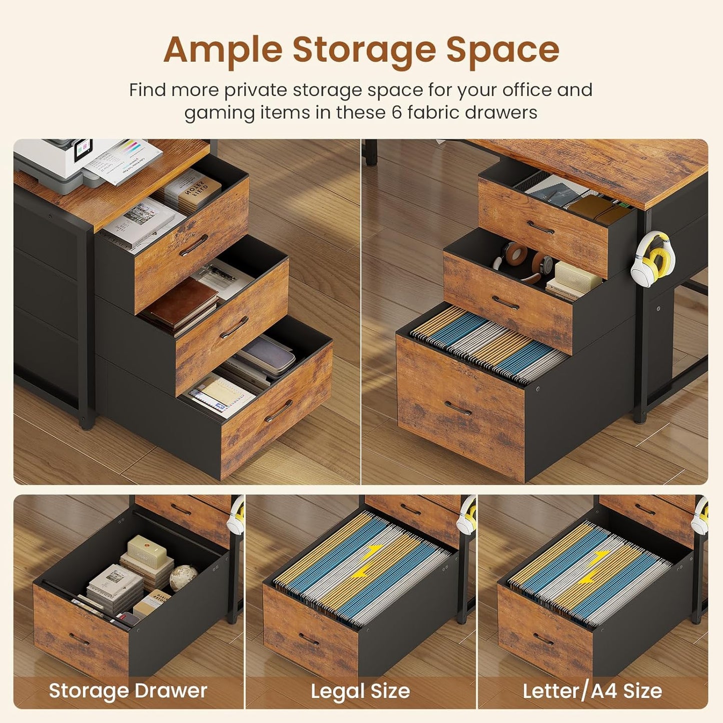 L Shaped Gaming Desk with 6 Drawers, Reversible Computer Office Desk with File Drawer, Hutch, Storage Shelves, Gaming Corner Desk with Led Lights, Power Outlet for Two Person, Rustic Brown