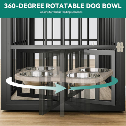 88.6" Large Corner Dog Crate Furniture for 2 Dogs, Large Wooden Dog Kennel with Dog Bowls & 3 Doors, Large Double Dog Crate Furniture TV Stand for Medium Large Dogs, Brown