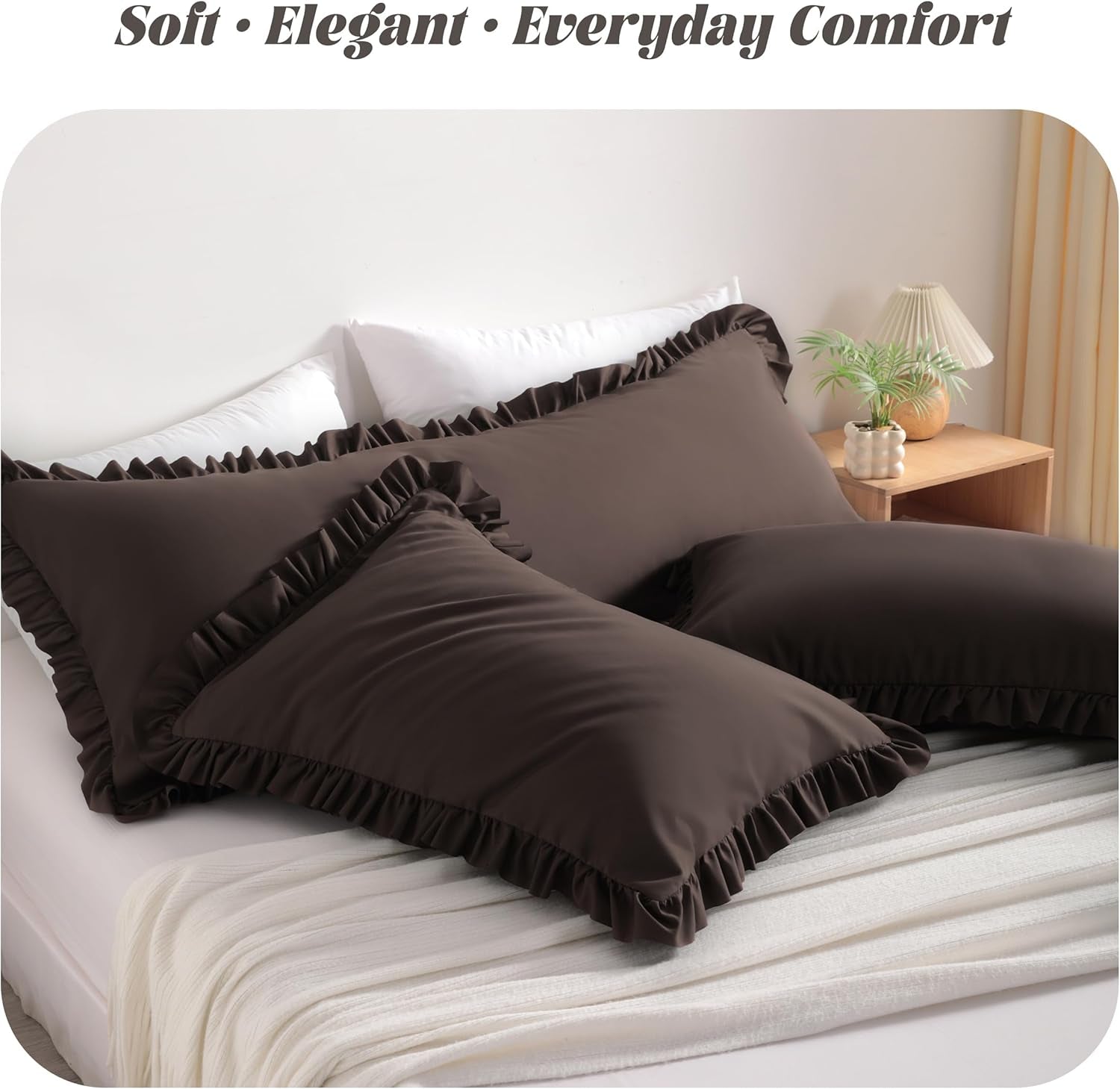 Ruffled Pillow Shams King 20X36 Set of 2, Brushed Microfiber Pillowcases with Envelope Closure, Soft Wrinkle-Resistant, Dark Brown