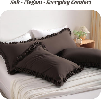 Ruffled Pillow Shams King 20X36 Set of 2, Brushed Microfiber Pillowcases with Envelope Closure, Soft Wrinkle-Resistant, Dark Brown