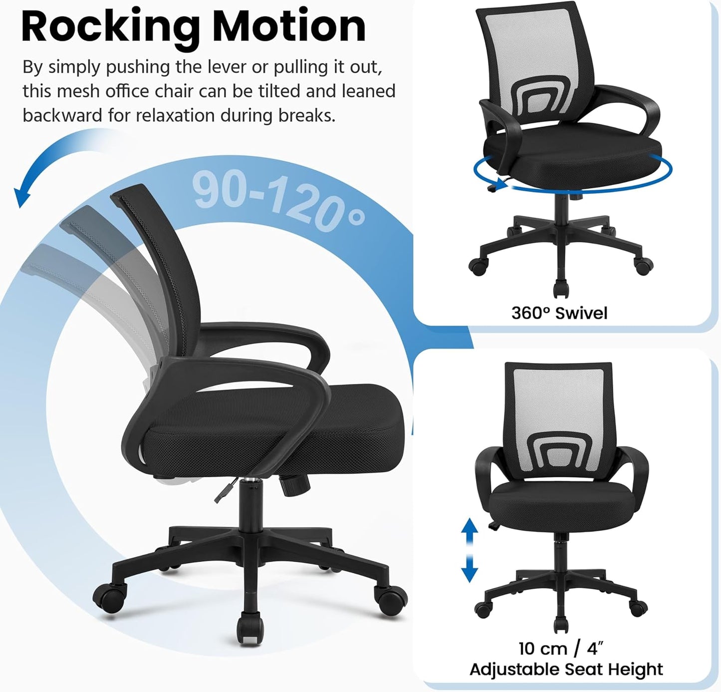 Mid-Back Mesh Office Chair Adjustable Ergonomic Computer Task Chair Swivel Rolling with Lumbar Support Armrest for Home Office Work Study, Black