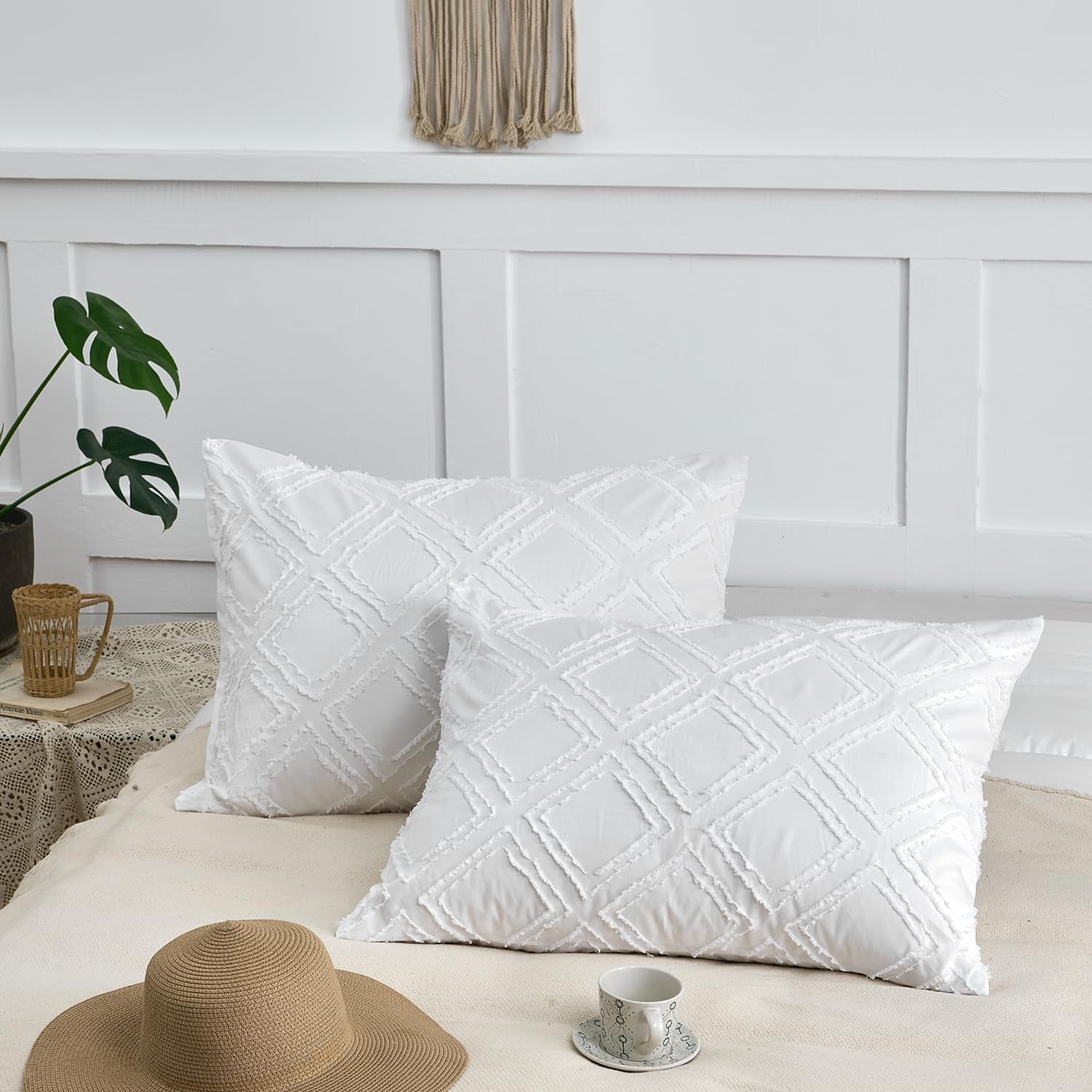 King Pillow Shams 2 Pack, King Size Pillowcases, Soft Microfiber Geometric Tufted Pillow Covers with Envelope Closure, White, 20X36 Inches (No Insert)