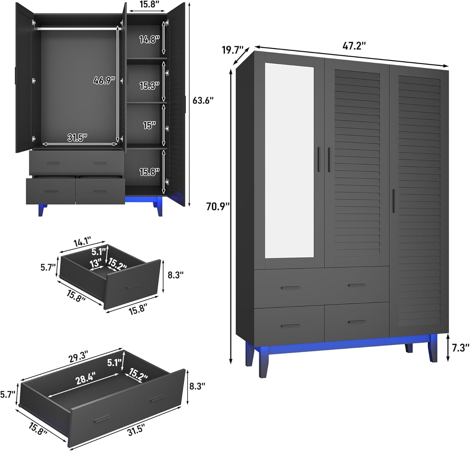 3 Door Armoire Wardrobe Closet Cabinet with Drawers and LED Lights, Multi-Tier Shelves, Hanging Rod & 3 Louver Doors, Large Capacity Storage Wardrobe Armoire for Bedroom(3 Doors Black)