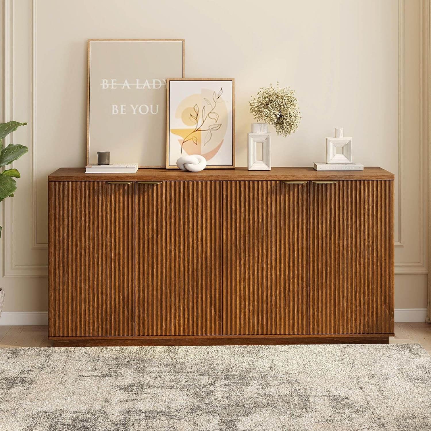 63" Fluted TV Stand for Tvs up to 65", Modern Entertainment Center with Storage Cabinets, Large Wood Sideboard Buffet Cabinet with Storage for Living Room and Bedroom Furniture,Brown